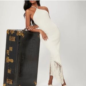 Beige Halterneck Fringe Hem Bodycon Dress